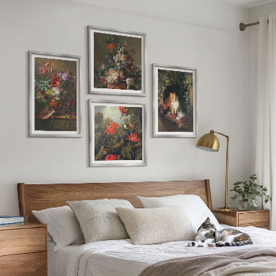 4 paveikslų rinkinys su rėmais Vintažinės gėlės katės augalai