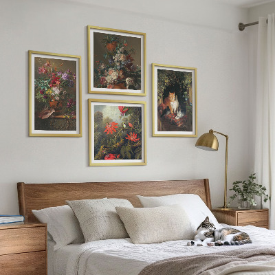 4 paveikslų rinkinys su rėmais Vintažinės gėlės katės augalai