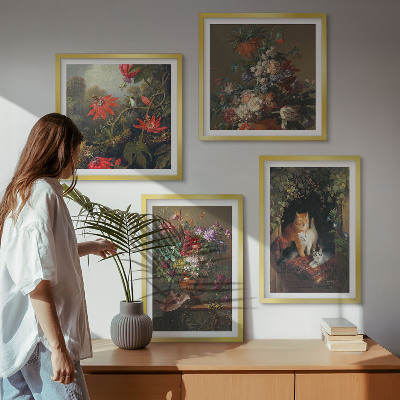 4 paveikslų rinkinys su rėmais Vintažinės gėlės katės augalai