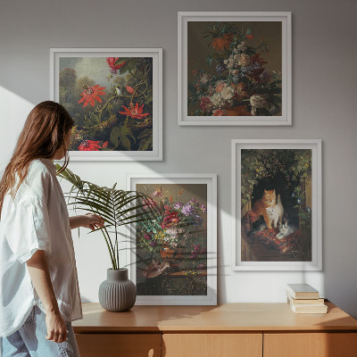 4 paveikslų rinkinys su rėmais Vintažinės gėlės katės augalai