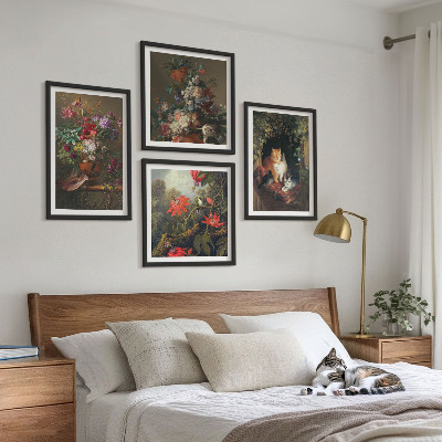 4 paveikslų rinkinys su rėmais Vintažinės gėlės katės augalai