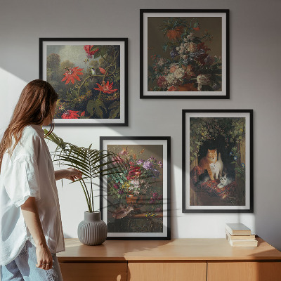4 paveikslų rinkinys su rėmais Vintažinės gėlės katės augalai