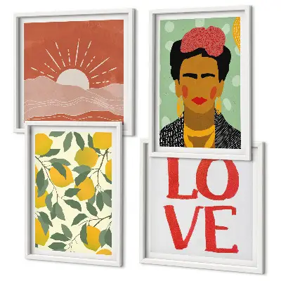 Paveikslų kompozicija ant sienos su citrinų motyvu, užrašu ir Frida Kahlo peizažu