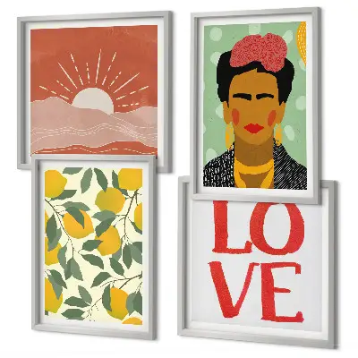 Paveikslų kompozicija ant sienos su citrinų motyvu, užrašu ir Frida Kahlo peizažu