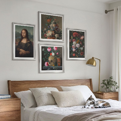4 paveikslų rinkinys su rėmais Vintažinių gėlių kaukolė Mona Liza