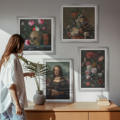 4 paveikslų rinkinys su rėmais Vintažinių gėlių kaukolė Mona Liza