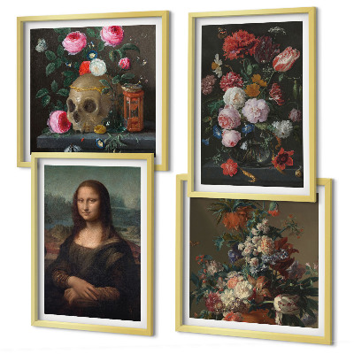 4 paveikslų rinkinys su rėmais Vintažinių gėlių kaukolė Mona Liza