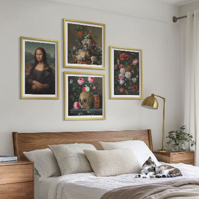 4 paveikslų rinkinys su rėmais Vintažinių gėlių kaukolė Mona Liza