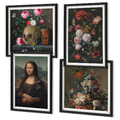4 paveikslų rinkinys su rėmais Vintažinių gėlių kaukolė Mona Liza