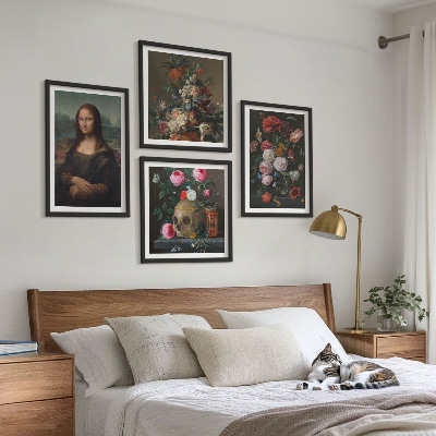 4 paveikslų rinkinys su rėmais Vintažinių gėlių kaukolė Mona Liza