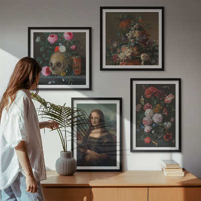 4 paveikslų rinkinys su rėmais Vintažinių gėlių kaukolė Mona Liza