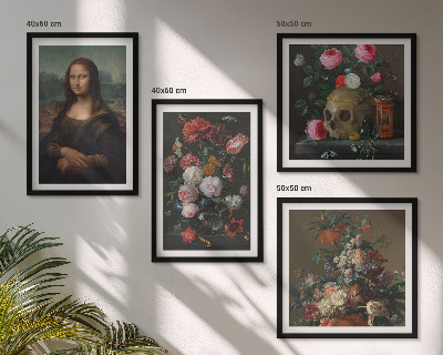 4 paveikslų rinkinys su rėmais Vintažinių gėlių kaukolė Mona Liza