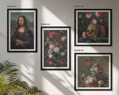 4 paveikslų rinkinys su rėmais vintažinių gėlių kaukolės ir Monos Lizos motyvais