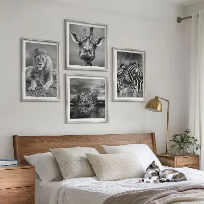 4 paveikslų rinkinys su rėmais laukiniai gyvūnai: liūtas, jaguaras, žirafa ir zebrai