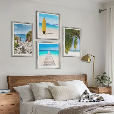 4 paveikslų rinkinys su rėmais atostogų vaizdai su paplūdimiu ir palmėmis