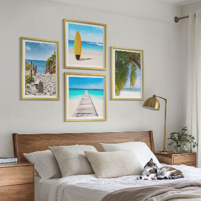 4 paveikslų rinkinys su rėmais Atostogų vaizdai, paplūdimys, palmės