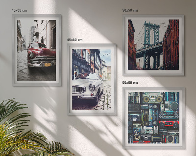 4 paveikslų rinkinys su rėmais Senų automobilių Bruklino retro garso aparatūra