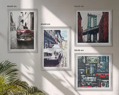 4 paveikslų rinkinys su rėmais senų automobilių ir retro garso aparatūros motyvais