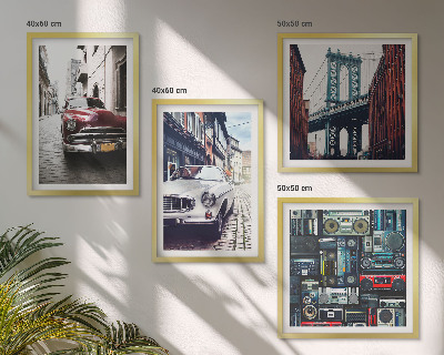 4 paveikslų rinkinys su rėmais Senų automobilių Bruklino retro garso aparatūra