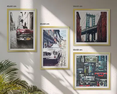 4 paveikslų rinkinys su rėmais senų automobilių ir retro garso aparatūros motyvais