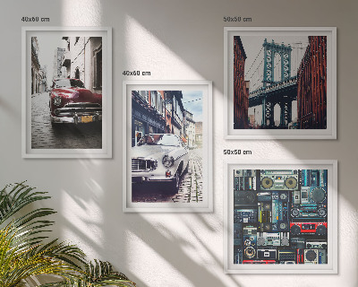 4 paveikslų rinkinys su rėmais Senų automobilių Bruklino retro garso aparatūra
