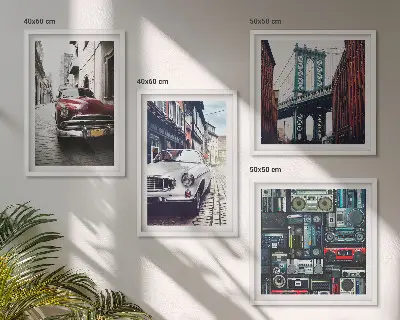 4 paveikslų rinkinys su rėmais senų automobilių ir retro garso aparatūros motyvais