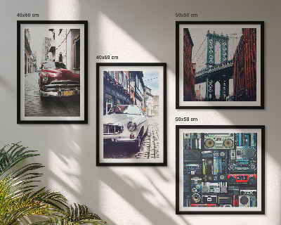 4 paveikslų rinkinys su rėmais Senų automobilių Bruklino retro garso aparatūra