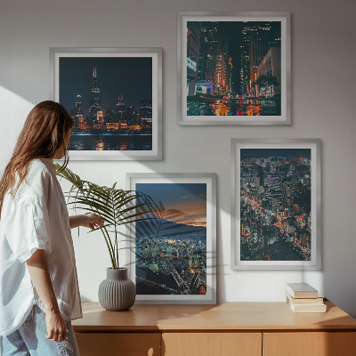 4 paveikslų rinkinys su rėmais Miesto vaizdas naktį nuo kalno