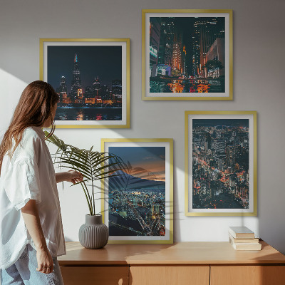 4 paveikslų rinkinys su rėmais Miesto vaizdas naktį nuo kalno