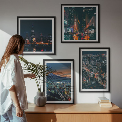 4 paveikslų rinkinys su rėmais Miesto vaizdas naktį nuo kalno