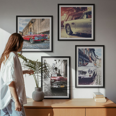 4 paveikslų rinkinys su rėmais Klasikiniai automobiliai miestuose