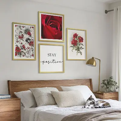 Raudonų rožių gėlių paveikslai 4 paveikslų rinkinys su rėmais