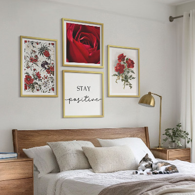 4 paveikslų rinkinys su rėmais Raudonų rožių gėlių užrašas