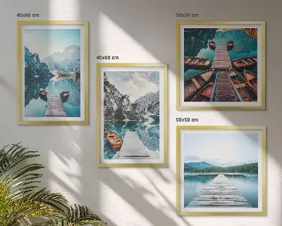 Daugiadalis paveikslas su rėmu ežero medinė prieplauka su valtimis