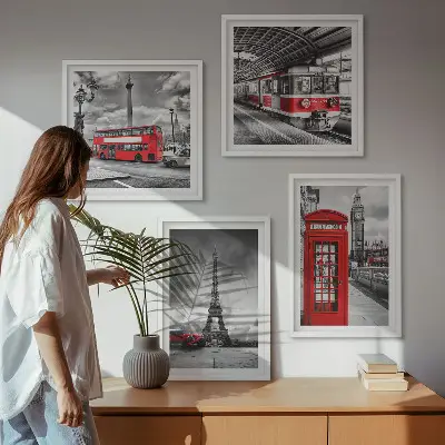 Daugiadalis paveikslas su rėmu ikoniniai Londono ir Paryžiaus miestų vaizdai su geležinkelio motyvais