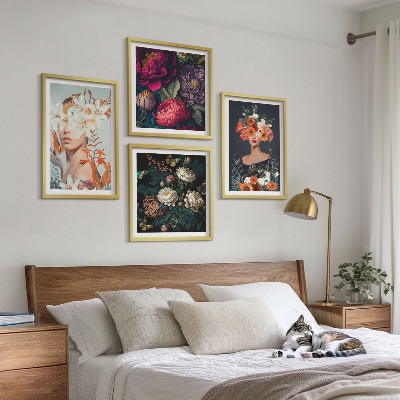 4 paveikslų rinkinys su rėmais Gėlių portretai, puokštės, lapai