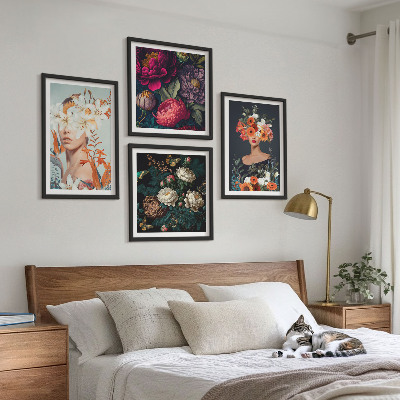 4 paveikslų rinkinys su rėmais Gėlių portretai, puokštės, lapai