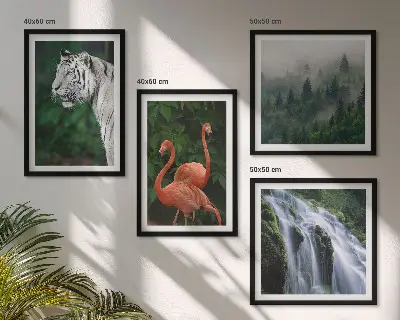 Paveikslų kompozicija ant sienos tigro krioklio ir flamingų gamtos motyvais