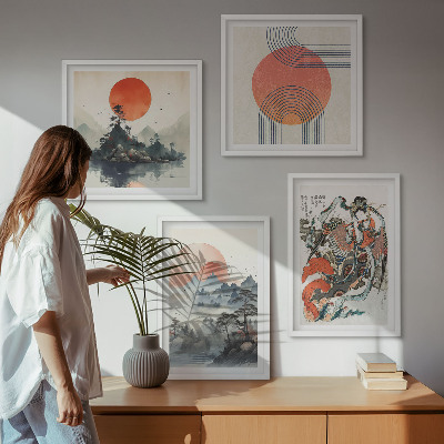 Paveikslų kompozicija ant sienos Azijos peizažai Japandi