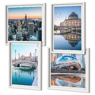 4 paveikslų rinkinys su rėmais Miestų ant vandens architektūra