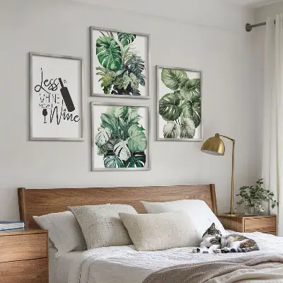 4 paveikslų rinkinys su rėmais žaliojo vynmedžio lapų motyvais