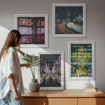 4 paveikslų rinkinys su rėmais Neoniniai ženklai mieste naktį