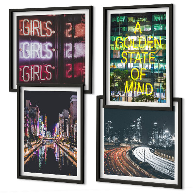 4 paveikslų rinkinys su rėmais Neoniniai ženklai mieste naktį