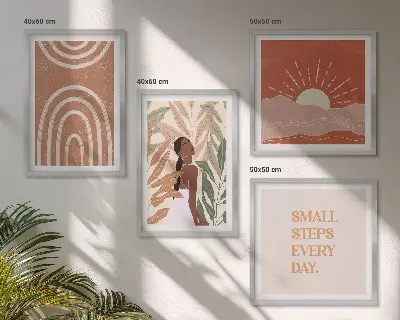 Boho abstrakčios formos 4 paveikslų rinkinys su rėmais