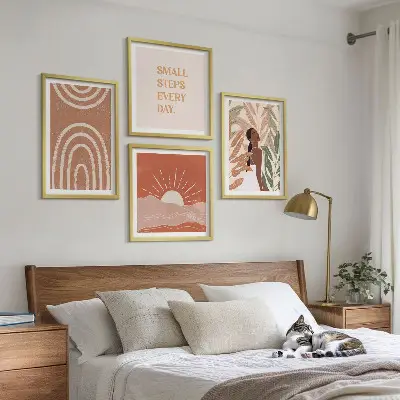 Boho abstrakčios formos 4 paveikslų rinkinys su rėmais