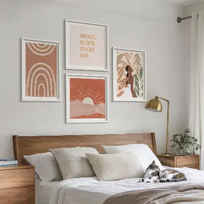 Boho abstrakčios formos 4 paveikslų rinkinys su rėmais