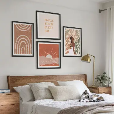 Boho abstrakčios formos 4 paveikslų rinkinys su rėmais