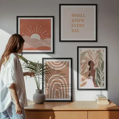 Boho abstrakčios formos 4 paveikslų rinkinys su rėmais