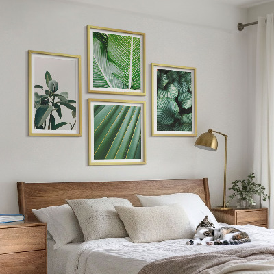 4 paveikslų rinkinys su rėmais Tropiniai lapai žali