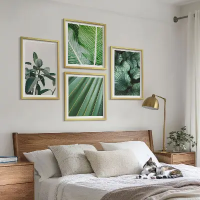 4 paveikslų rinkinys su rėmais tropiniai žali lapai